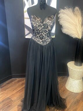 Black Lace Bodice Strapless Evening Gown